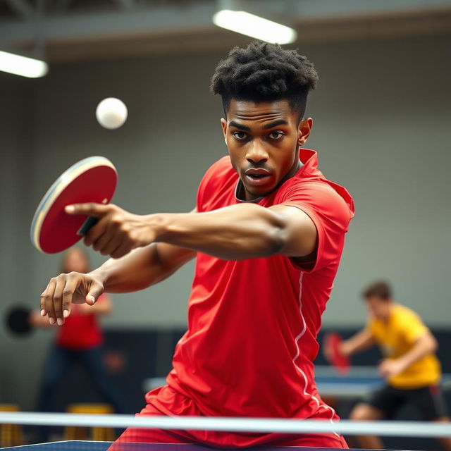 An action shot of a table tennis player executing a forehand shot