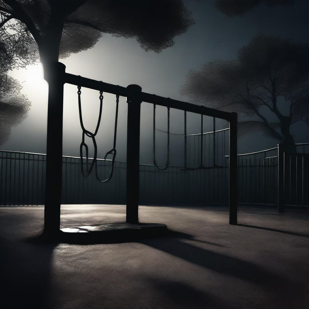 A high-quality digital art piece depicting a playground imbued with a dark theme