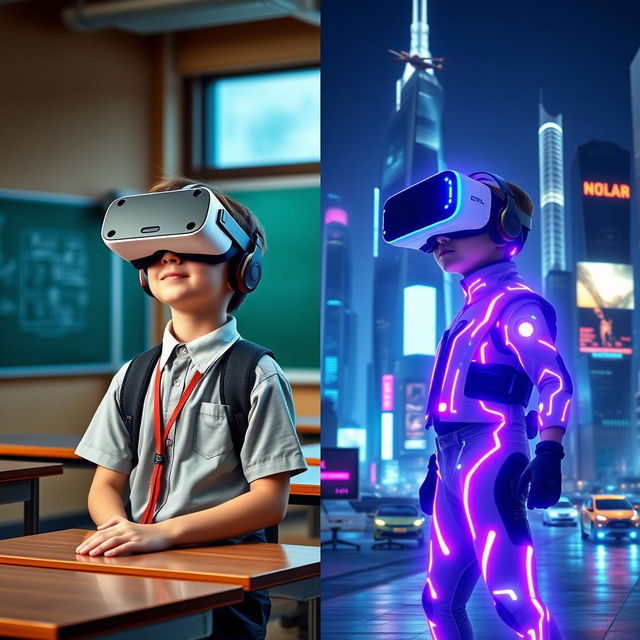 A split image featuring a modern-day kid wearing a VR headset in a traditional classroom, dressed in a standard school uniform on one side