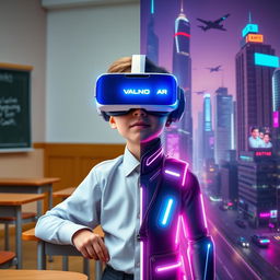 A split image featuring a modern-day kid wearing a VR headset in a traditional classroom, dressed in a standard school uniform on one side