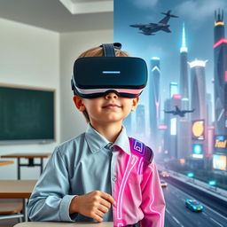 A split image featuring a modern-day kid wearing a VR headset in a traditional classroom, dressed in a standard school uniform on one side