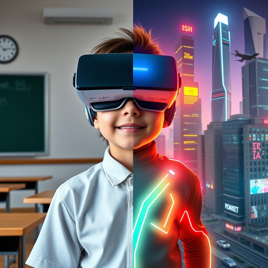 A split image featuring a modern-day kid wearing a VR headset in a traditional classroom, dressed in a standard school uniform on one side