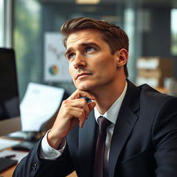 A male office worker in a professional suit, sitting at a desk with a pensive expression