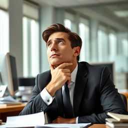 A male office worker in a professional suit, sitting at a desk with a pensive expression