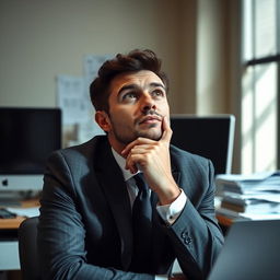 A male office worker in a professional suit, sitting at a desk with a pensive expression