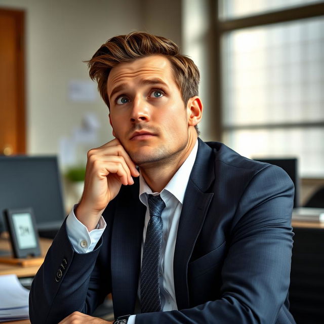 A male office worker in a professional suit, sitting at a desk with a pensive expression