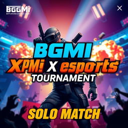 A dynamic thumbnail design for a gaming tournament featuring a solo match in the BGMI (Battlegrounds Mobile India) X eSports event