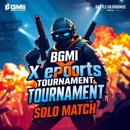 A dynamic thumbnail design for a gaming tournament featuring a solo match in the BGMI (Battlegrounds Mobile India) X eSports event