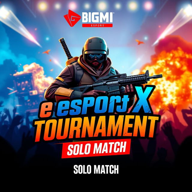 A dynamic thumbnail design for a gaming tournament featuring a solo match in the BGMI (Battlegrounds Mobile India) X eSports event