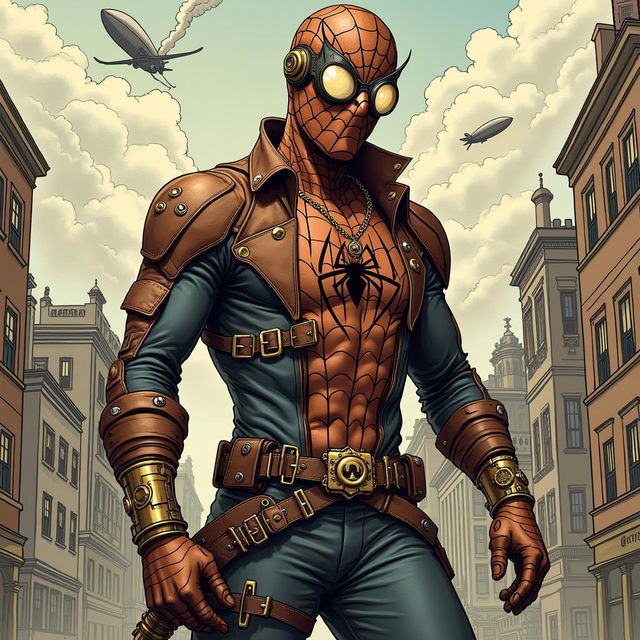 A visually stunning depiction of a steampunk Spider-Man styled in a comic book aesthetic, standing confidently in a heroic pose