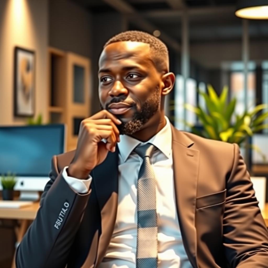 A man in office attire, wearing a neat suit and tie, sits in a modern office setting