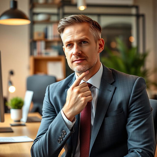 A man in office attire, wearing a neat suit and tie, sits in a modern office setting