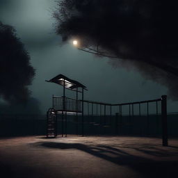 A high-quality digital art piece depicting a playground imbued with a dark theme