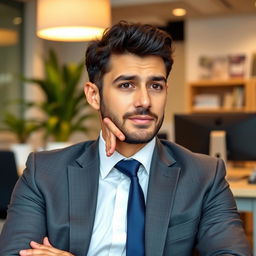 A man in office attire, wearing a neat suit and tie, sits in a modern office setting
