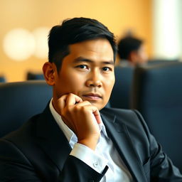 A portrait of an Indonesian man in a formal office uniform, sitting thoughtfully with his hand resting on his chin