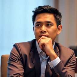 A portrait of an Indonesian man in a formal office uniform, sitting thoughtfully with his hand resting on his chin