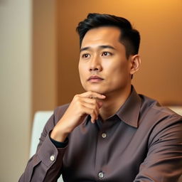 A portrait of an Indonesian man in a formal office uniform, sitting thoughtfully with his hand resting on his chin