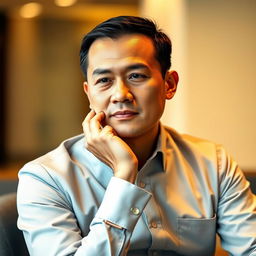 A portrait of an Indonesian man in a formal office uniform, sitting thoughtfully with his hand resting on his chin