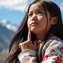 A Kyrgyz girl with long dark hair, gazing upwards with a thoughtful expression on her face