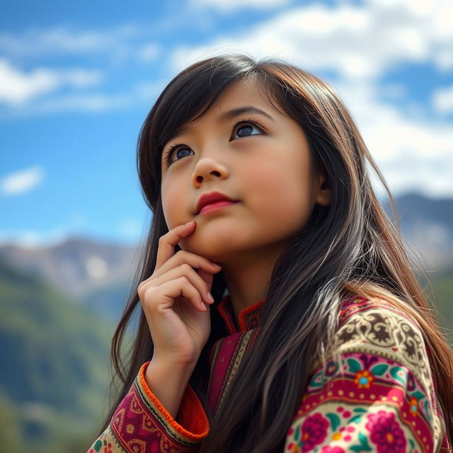 A Kyrgyz girl with long dark hair, gazing upwards with a thoughtful expression on her face