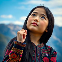 A Kyrgyz girl with long dark hair, gazing upwards with a thoughtful expression on her face