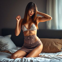 A young woman with straight hair, wearing a tight wrap skirt and only a bra, striking a hot and sexy pose on a bed