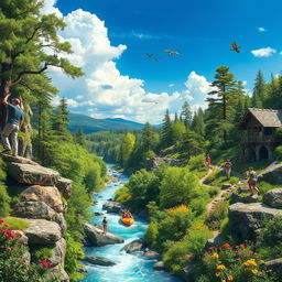 A breathtaking scenic playground set in the heart of nature, featuring towering trees, lush greenery, and a sparkling river winding through the landscape