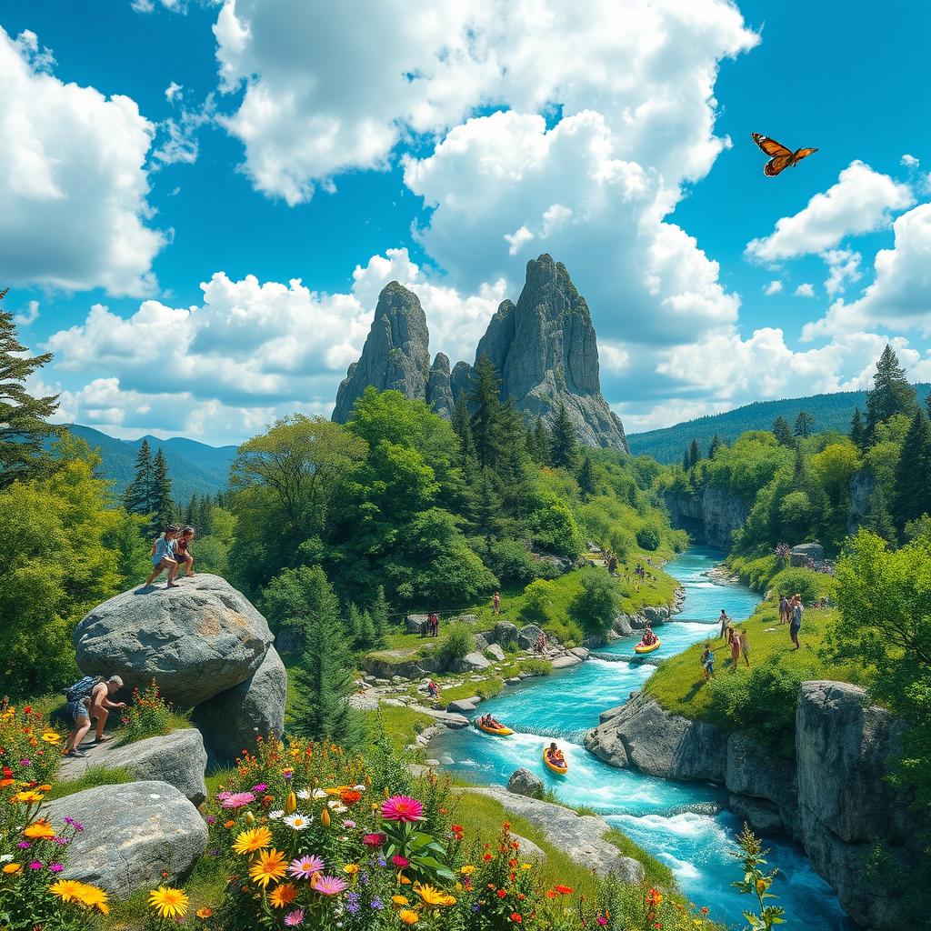 A breathtaking scenic playground set in the heart of nature, featuring towering trees, lush greenery, and a sparkling river winding through the landscape