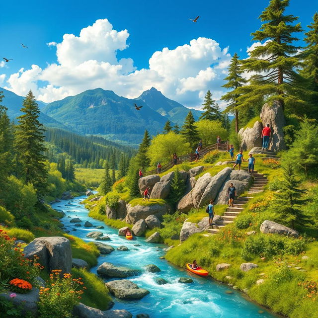 A breathtaking scenic playground set in the heart of nature, featuring towering trees, lush greenery, and a sparkling river winding through the landscape