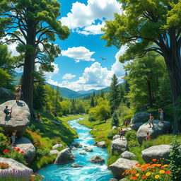 A breathtaking scenic playground set in the heart of nature, featuring towering trees, lush greenery, and a sparkling river winding through the landscape
