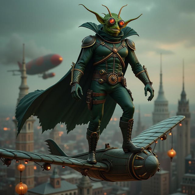 A thrilling depiction of the Green Goblin reimagined in a steampunk style, characterized by a detailed and menacing appearance