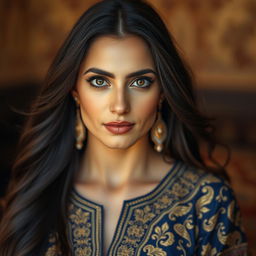 A portrait of a stunning Middle Eastern woman, Fatima Aghajari, with long, flowing dark hair and striking features