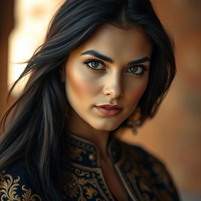 A portrait of a stunning Middle Eastern woman, Fatima Aghajari, with long, flowing dark hair and striking features