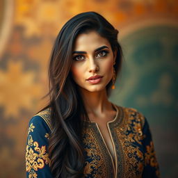 A portrait of a stunning Middle Eastern woman, Fatima Aghajari, with long, flowing dark hair and striking features