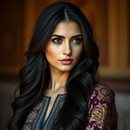 A portrait of a stunning Middle Eastern woman, Fatima Aghajari, with long, flowing dark hair and striking features