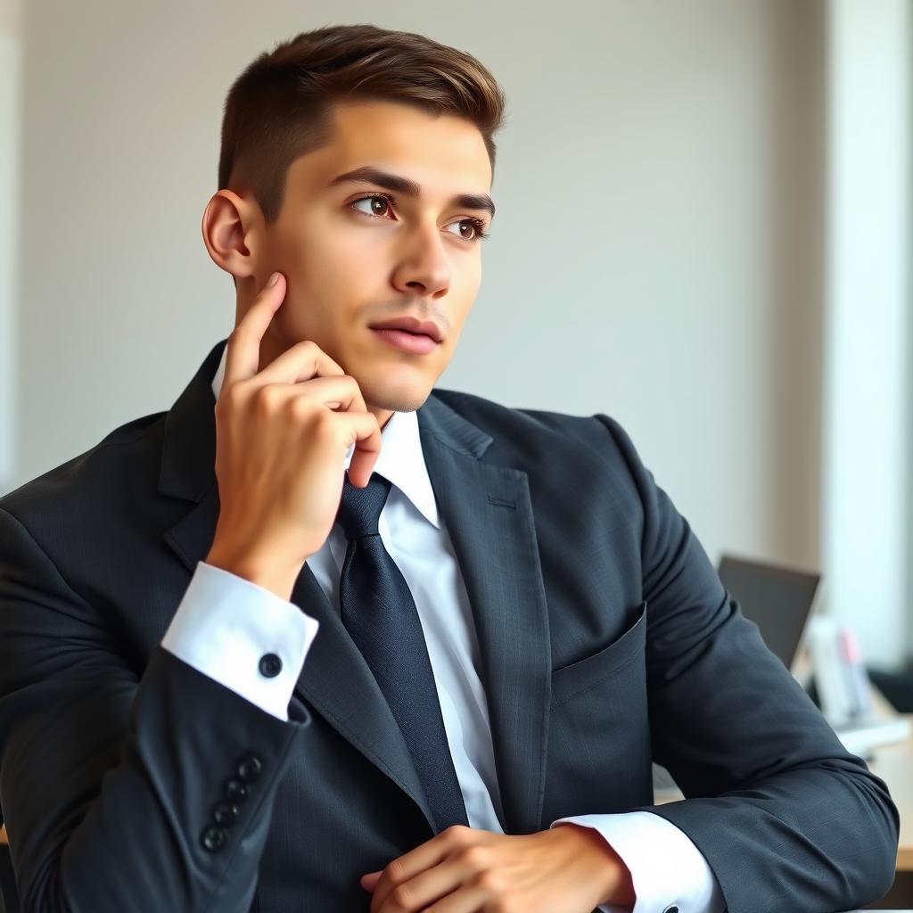 A thoughtful young man in a smart office uniform, featuring a tailored suit with a crisp white shirt and a neatly tied tie