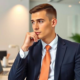A thoughtful young man in a smart office uniform, featuring a tailored suit with a crisp white shirt and a neatly tied tie