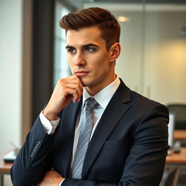 A thoughtful young man in a smart office uniform, featuring a tailored suit with a crisp white shirt and a neatly tied tie