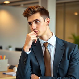 A thoughtful young man in a smart office uniform, featuring a tailored suit with a crisp white shirt and a neatly tied tie