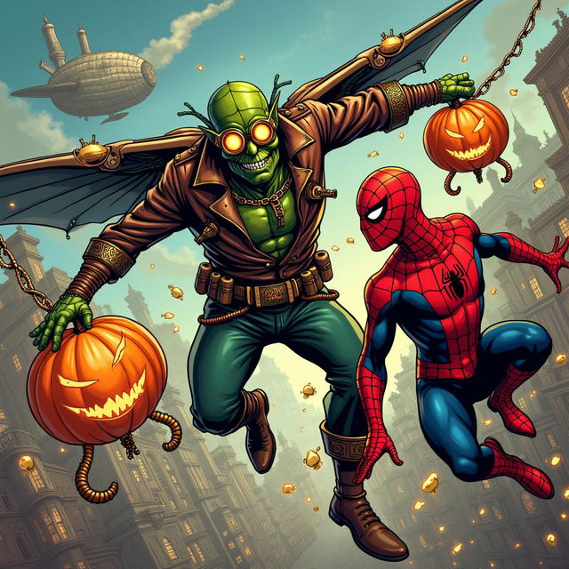 An electrifying comic-style illustration of the Green Goblin reimagined in a steampunk aesthetic, engaging in a dynamic confrontation with Spider-Man