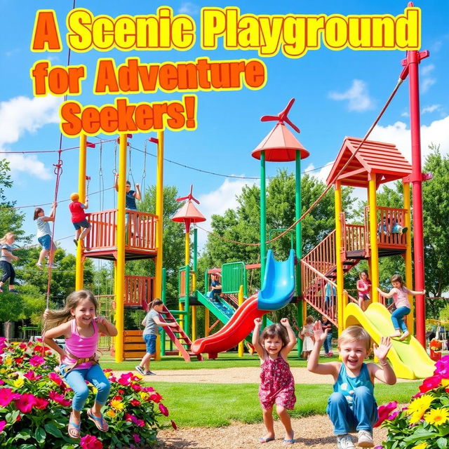 A vibrant and engaging playground scene that looks like a playground designed for adventure seekers