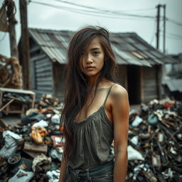 A sad-looking 18-year-old Asian girl with long, messy hair standing beside a pile of trash