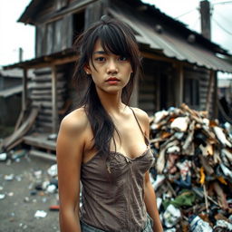 A sad-looking 18-year-old Asian girl with long, messy hair standing beside a pile of trash