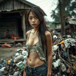 A sad-looking 18-year-old Asian girl with long, messy hair standing beside a pile of trash