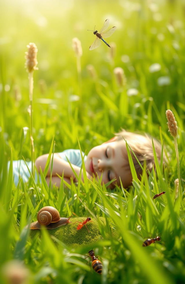 In a serene meadow, a child is peacefully collapsed in the soft green grass, surrounded by nature