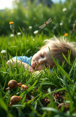 In a serene meadow, a child is peacefully collapsed in the soft green grass, surrounded by nature