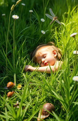 In a serene meadow, a child is peacefully collapsed in the soft green grass, surrounded by nature