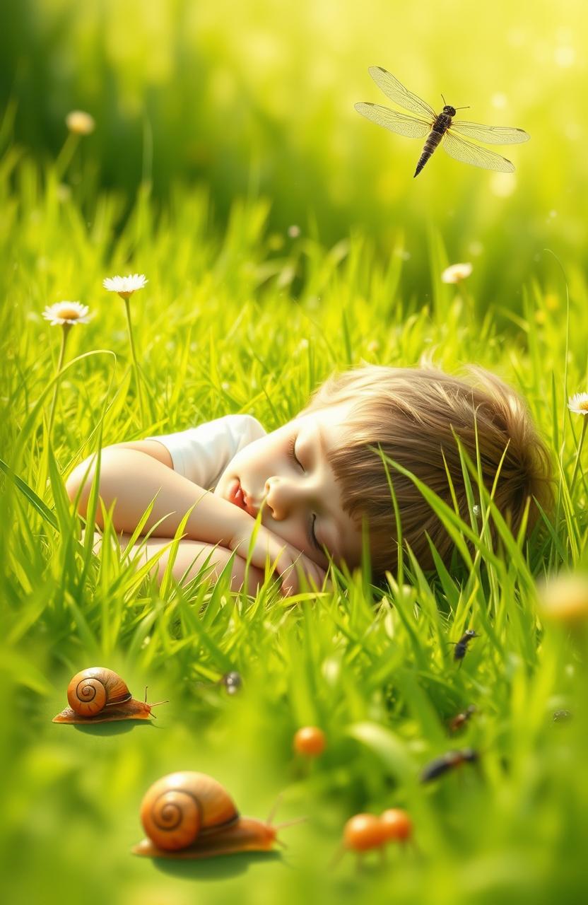 In a serene meadow, a child is peacefully collapsed in the soft green grass, surrounded by nature