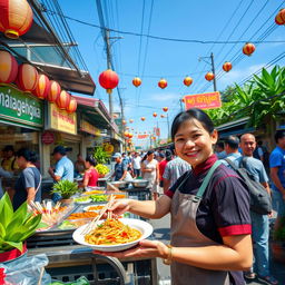 A vibrant scene of a bustling Thai server in a lively street market in Thailand, showcasing delicious street food stalls with colorful signs