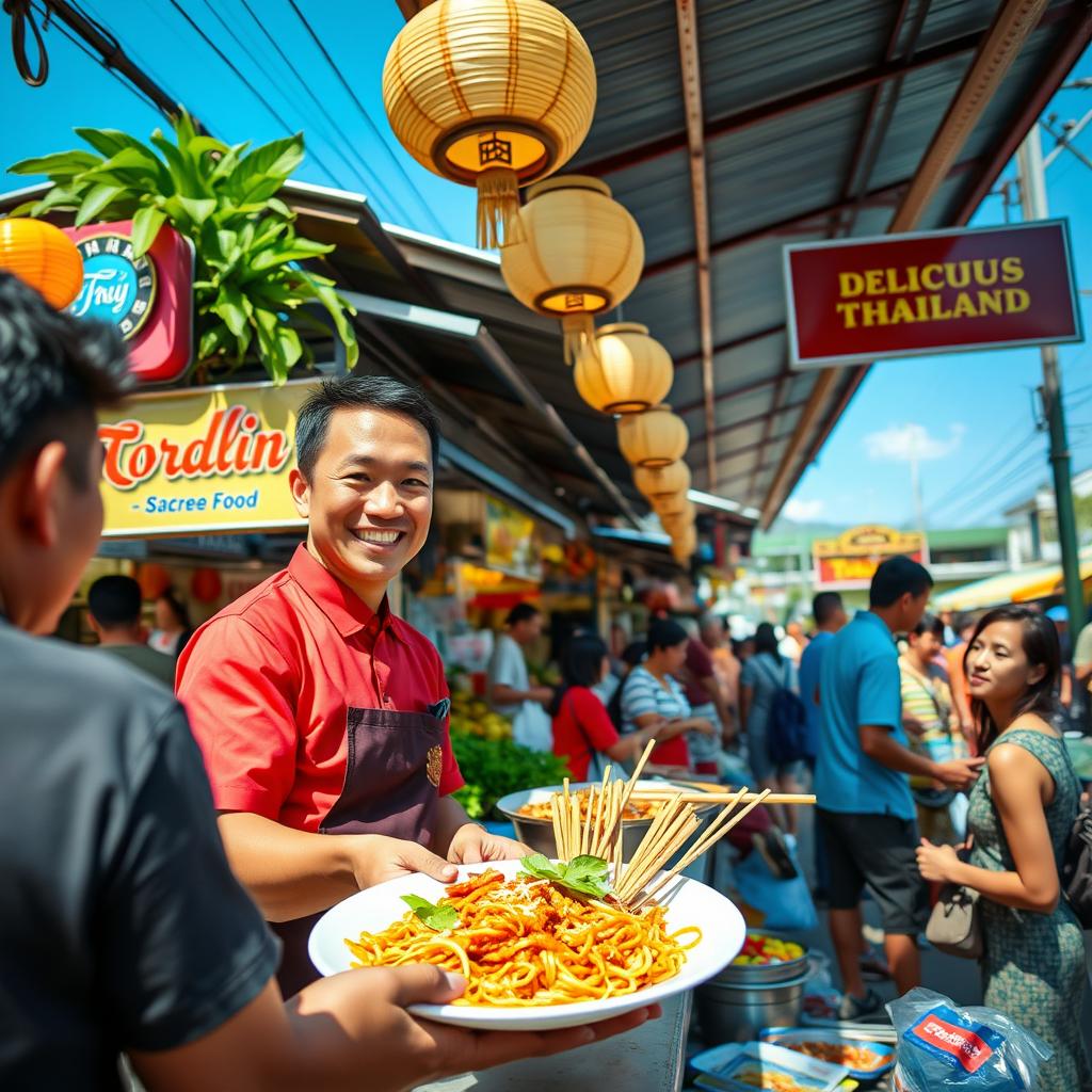 A vibrant scene of a bustling Thai server in a lively street market in Thailand, showcasing delicious street food stalls with colorful signs